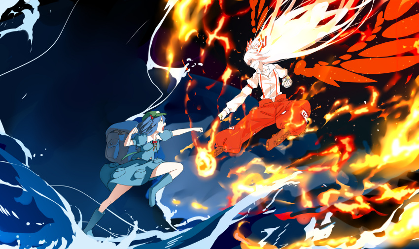 backpack bag baggy_pants blue_eyes blue_footwear blue_hair blue_shirt blue_skirt boots bow brown_footwear clenched_hands collared_shirt cross-laced_footwear duel fighting fire flying_kick from_side fujiwara_no_mokou full_body green_headwear grin hair_bobbles hair_bow hair_ornament highres kawashiro_nitori key kicking long_sleeves looking_at_another open_mouth pants red_eyes red_pants rubber_boots shirt short_sleeves skirt smile suspenders touhou water waves white_bow white_hair white_shirt xianjian_lingluan