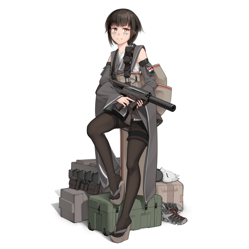 1girl absurdres artist_name bangs black_hair black_legwear box brown_eyes closed_mouth commentary detached_sleeves english_commentary eyebrows_visible_through_hair facial_mark footwear_removed gun highres holding holding_gun holding_weapon looking_at_viewer mask mask_removed medium_hair original pantyhose simple_background smile solo standing strap submachine_gun suppressor trigger_discipline vectorek weapon white_background