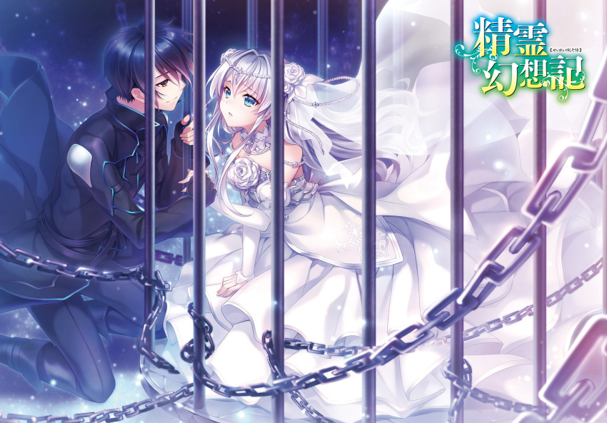 1boy 1girl black_coat black_gloves black_hair black_pants blue_eyes bridal_veil brown_eyes chain closed_mouth copyright_name detached_sleeves dress eye_contact fingerless_gloves flower gloves highres holding_hands long_dress long_hair long_sleeves looking_at_another novel_illustration official_art pants parted_lips riv rose seirei_gensouki shiny shiny_hair silver_hair sleeveless sleeveless_dress smile strapless strapless_dress veil very_long_hair wedding_dress white_dress white_flower white_rose white_sleeves