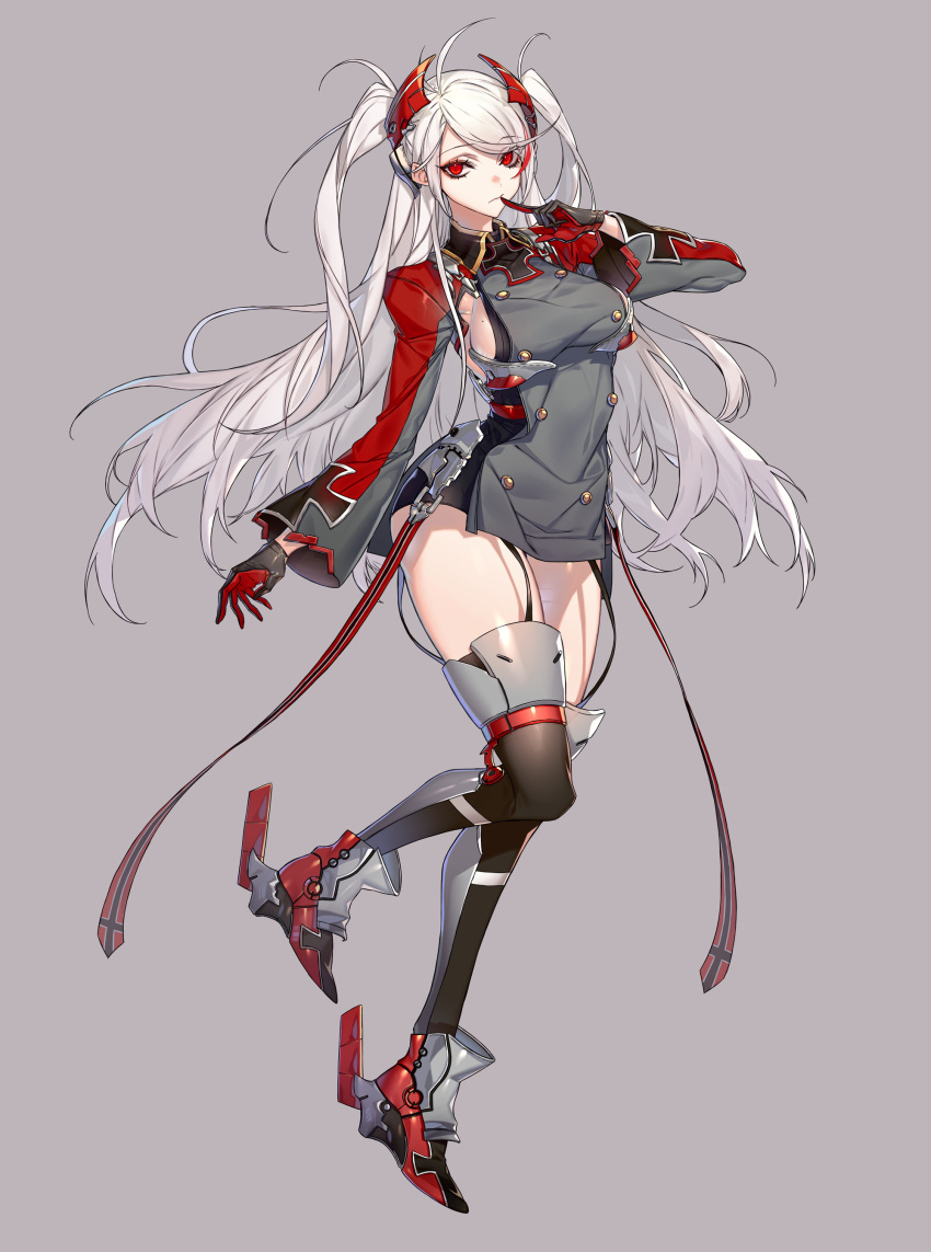 1girl absurdres antenna_hair azur_lane bangs breasts eyebrows_visible_through_hair eyes_visible_through_hair finger_to_mouth floating_hair full_body garter_straps gloves grey_background hachizowo headgear high_heels highres iron_cross long_hair long_sleeves looking_at_viewer medium_breasts mole mole_on_breast multicolored_hair prinz_eugen_(azur_lane) red_eyes redhead rudder_footwear sideboob simple_background solo standing streaked_hair swept_bangs thigh-highs two_side_up very_long_hair white_hair