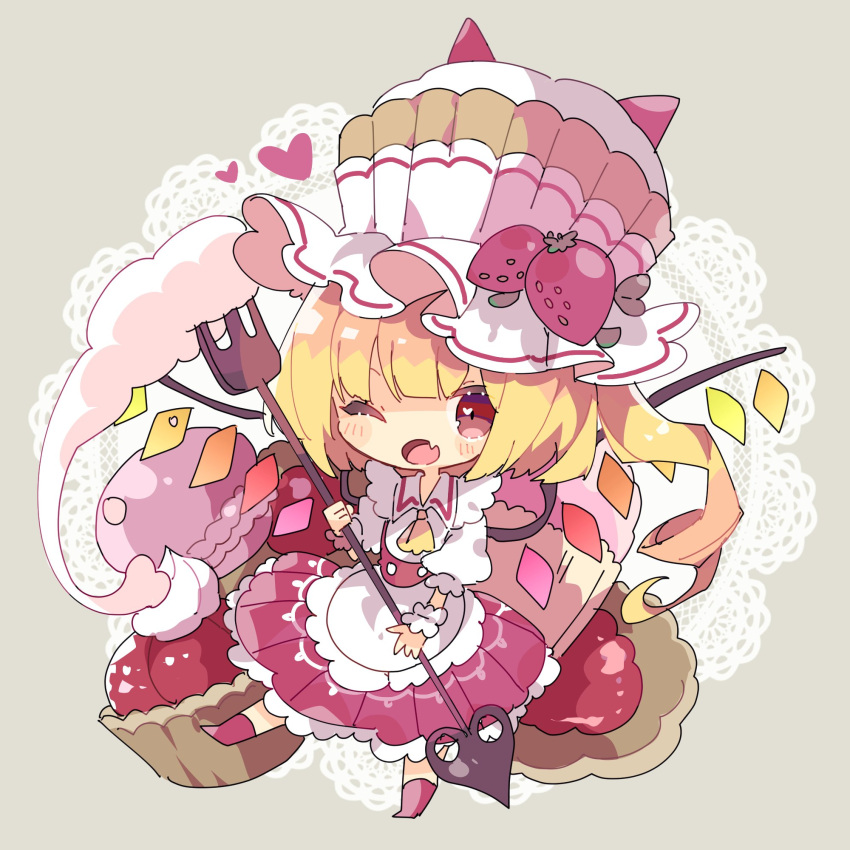 1girl alternate_costume alternate_headwear apron ascot bangs blonde_hair blush buttons chibi collar cotton_candy cupcake doily dress fang flandre_scarlet food food_themed_hair_ornament fork fruit full_body grey_background hair_ornament hat heart heart_in_eye highres holding holding_fork holding_weapon ice_cream lace_background laevatein leg_up looking_at_viewer muffin nikorashi-ka one_eye_closed one_side_up open_collar open_mouth outstretched_leg puffy_short_sleeves puffy_sleeves red_dress red_eyes red_footwear shirt short_hair_with_long_locks short_sleeves simple_background skin_fang solo standing standing_on_one_leg strawberry strawberry_hair_ornament symbol_in_eye top_hat touhou waist_apron weapon white_headwear white_shirt wings wrist_cuffs yellow_neckwear