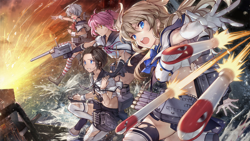 4girls abyss_horizon achan_(blue_semi) black_hair blonde_hair blue_eyes boots breasts elbow_gloves gloves long_hair midriff multiple_girls navel official_art open_mouth pink_hair short_hair skirt thigh-highs torn_clothes torpedo turret twintails white_hair yellow_eyes