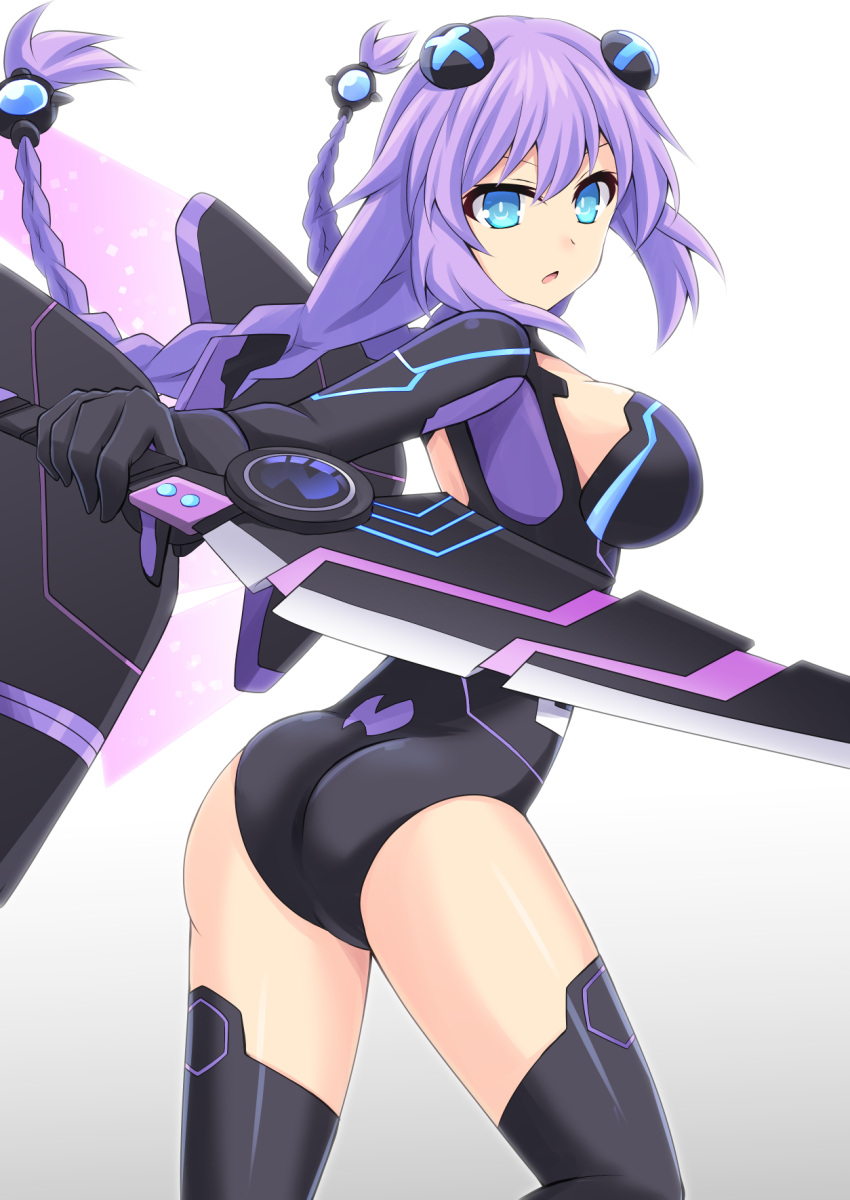 1girl ass blue_eyes bodysuit boots braid breasts commentary_request cross_(crossryou) d-pad d-pad_hair_ornament floating_hair hair_between_eyes hair_ornament highres holding holding_sword holding_weapon knee_boots looking_at_viewer looking_to_the_side medium_breasts neptune_(series) open_mouth pose power_symbol purple_hair purple_heart simple_background solo sword symbol-shaped_pupils twin_braids weapon white_background wings