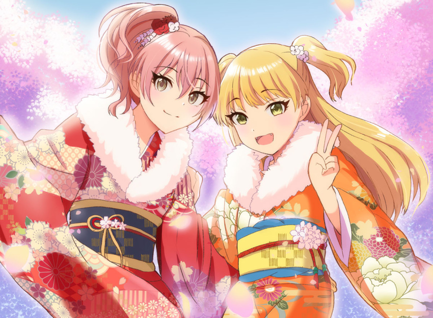 2girls alternate_costume arm_up blonde_hair blue_sky brown_eyes cherry_blossoms cowboy_shot day eyebrows_visible_through_hair fangs floral_print flower fur_scarf furisode hair_between_eyes hair_flower hair_ornament hand_on_another's_shoulder happy_new_year head_to_head idolmaster idolmaster_cinderella_girls japanese_clothes jougasaki_mika jougasaki_rika kimono leaning_to_the_side long_hair looking_at_viewer multiple_girls muraiaria new_year obi one_side_up open_mouth orange_kimono outdoors pink_hair print_kimono red_kimono sash short_hair siblings sisters sky smile standing two_side_up v very_long_hair yellow_eyes