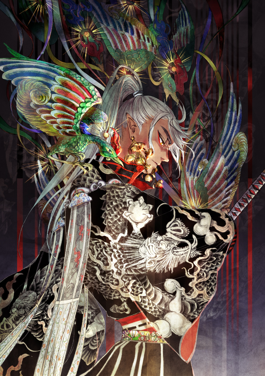 1boy bird commentary_request dragon dragon_print earmuffs eastern_dragon eyeliner fantasy from_side furrowed_eyebrows high_collar high_ponytail highres japanese_clothes long_hair looking_away makeup male_focus micho original pointy_ears ponytail profile ready_to_draw ribbon_trim samurai sash solo streamers sword upper_body weapon white_hair yellow_eyes