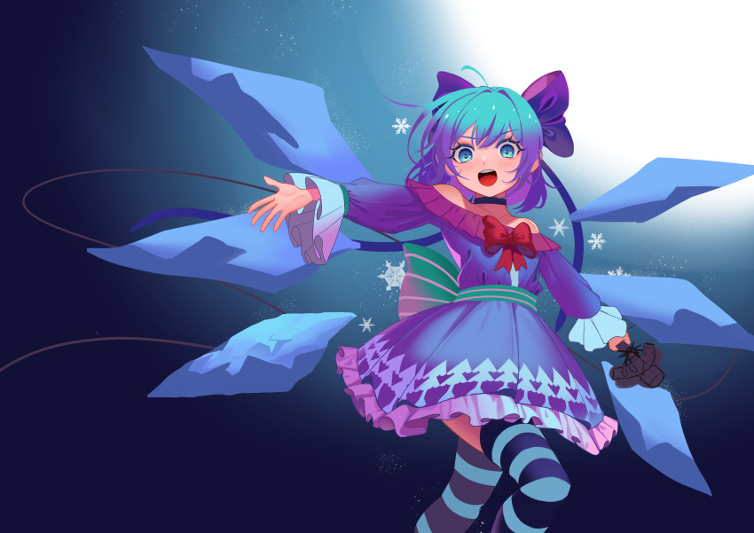 1girl absurdres adapted_costume bare_shoulders blue_bow blue_dress blue_eyes blue_hair blue_legwear blue_sky bow bowtie choker cirno dress full_moon hair_bow highres ice ice_wings looking_at_viewer medium_hair moon night night_sky open_mouth outstretched_arm recare red_neckwear sky smile solo striped striped_legwear thigh-highs touhou upper_teeth wings work_in_progress