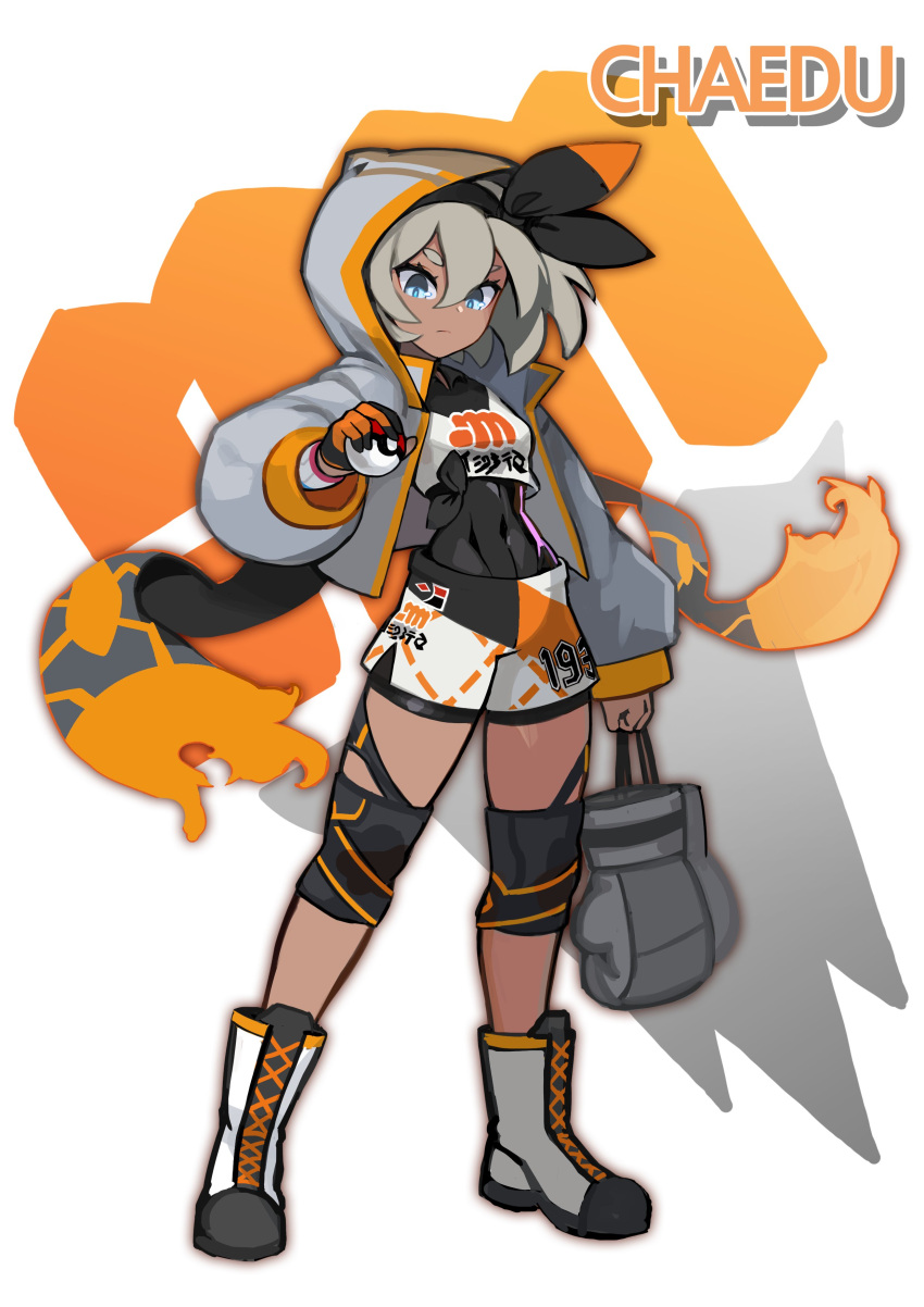 1girl absurdres bodysuit boxing_gloves covered_navel grey_eyes grey_hair hairband highres holding holding_poke_ball hood hooded_jacket jacket knee_pads poke_ball poke_ball_(generic) pokemon pokemon_(game) pokemon_swsh saitou_(pokemon) shorts tomboy