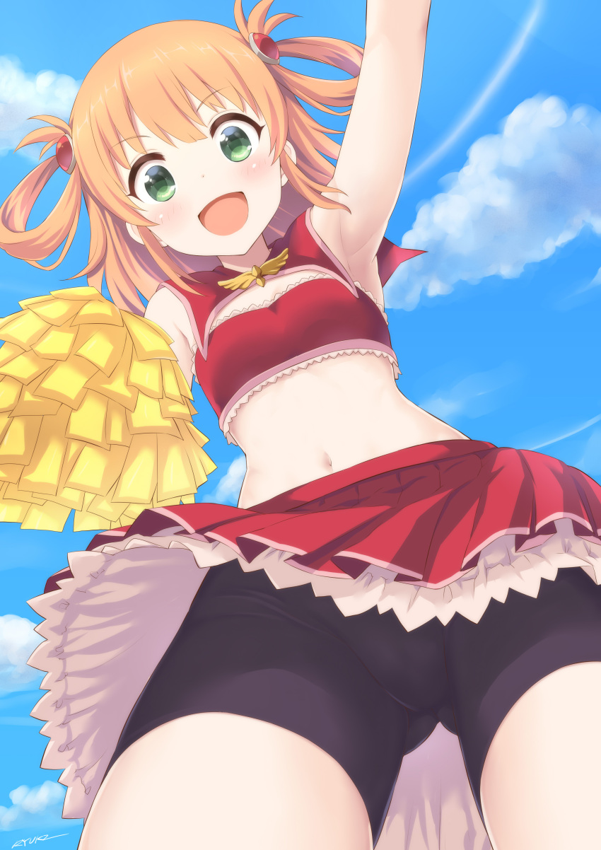 1girl :d absurdres arm_up armpits ass_visible_through_thighs bangs bare_shoulders bike_shorts black_shorts blue_sky breasts brown_hair cheerleader clouds commentary_request cowboy_shot crop_top day eyebrows_visible_through_hair green_eyes hair_between_eyes hair_ornament hair_rings highres holding inosaki_rino long_hair looking_at_viewer midriff navel open_mouth outdoors pleated_skirt pom_poms princess_connect! princess_connect!_re:dive red_skirt ryuki_(ryukisukune) short_shorts shorts signature skirt sky small_breasts smile solo upskirt