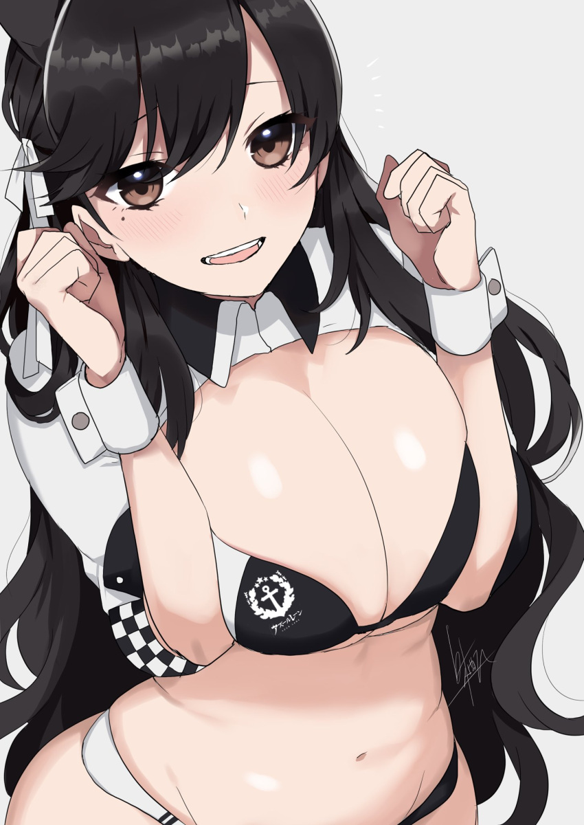 1girl atago_(azur_lane) azur_lane bikini_top black_hair blush breast_squeeze breasts brown_eyes commentary_request copyright_name grey_background highres large_breasts long_hair looking_at_viewer mashiro_(rikuya) mole mole_under_eye navel open_mouth racequeen simple_background solo upper_body wrist_cuffs