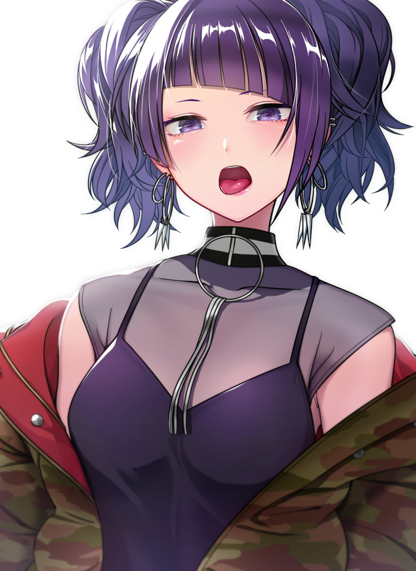1girl :o armpit_crease camouflage_jacket collarbone earrings gomibukurokarasu highres hoop_earrings idolmaster idolmaster_shiny_colors jacket jewelry long_hair looking_at_viewer off_shoulder open_clothes open_jacket open_mouth purple_hair purple_shirt shirt solo tanaka_mamimi tongue tongue_out twintails upper_body violet_eyes