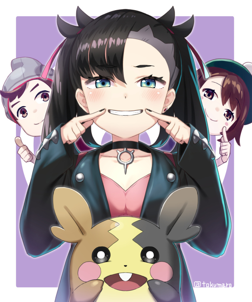 1boy 2girls aqua_eyes asymmetrical_bangs asymmetrical_hair bangs black_hair black_jacket black_nails blush breasts brown_eyes brown_hair choker commentary_request dress earrings eyebrows_visible_through_hair green_headwear hair_ribbon highres jacket jewelry long_sleeves looking_at_viewer mary_(pokemon) masaru_(pokemon) medium_hair morpeko multiple_girls open_clothes pink_dress pokemon pokemon_(game) pokemon_swsh red_ribbon ribbon short_hair small_breasts thumbs_up tokumaro twintails yuuri_(pokemon)