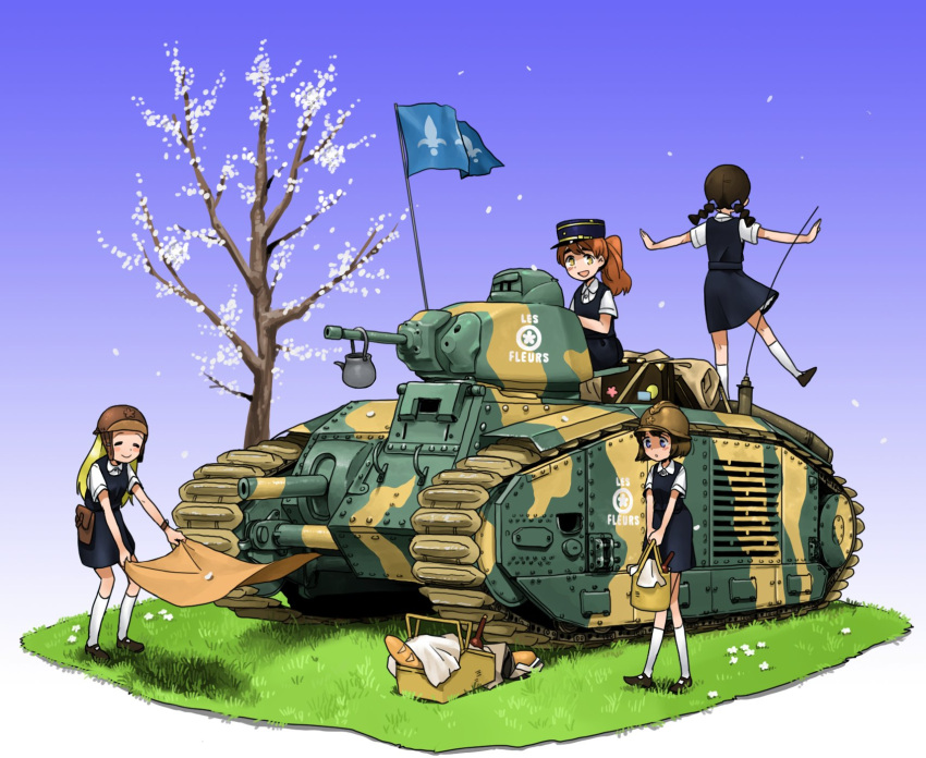 4girls adrian_helmet anyan_(jooho) blonde_hair blue_eyes braid bread brown_hair camouflage caterpillar_tracks char_b1 collared_shirt commentary_request flag food french_text gradient gradient_background grass ground_vehicle helmet highres holding kepi korean_commentary long_hair medium_skirt military military_vehicle motor_vehicle multiple_girls open_mouth original picnic_basket ponytail shirt shoes short_hair short_sleeves sitting skirt smile socks standing tank tree twin_braids yellow_eyes