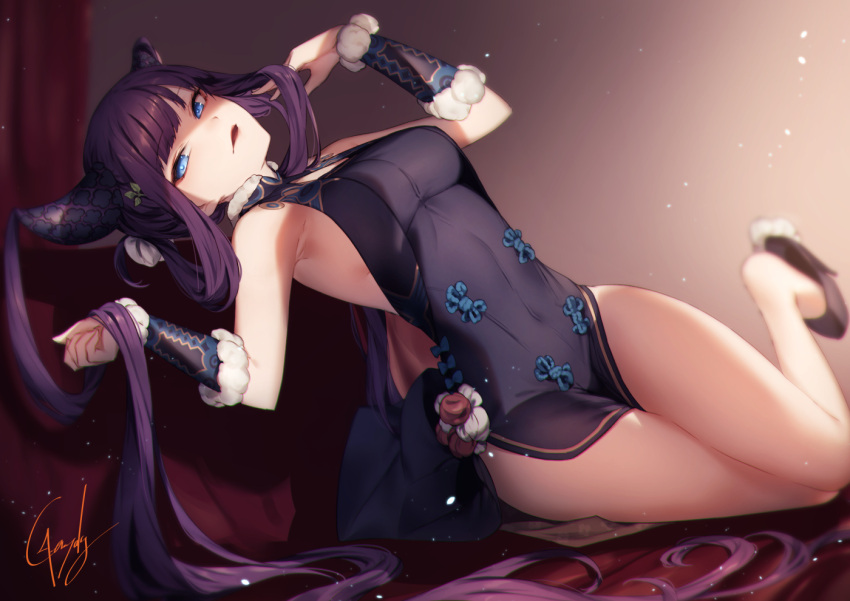 1girl bangs bare_shoulders black_dress blue_eyes blunt_bangs blush breasts china_dress chinese_clothes detached_sleeves dress fate/grand_order fate_(series) hair_ornament kyouya_(mukuro238) large_breasts long_hair looking_at_viewer purple_hair sidelocks solo twintails very_long_hair yang_guifei_(fate/grand_order)
