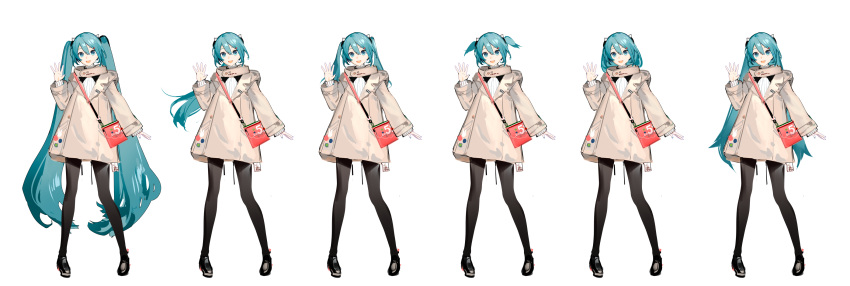 1girl :d absurdres alternate_hair_length alternate_hairstyle aqua_eyes aqua_hair aqua_nails bag bangs black_footwear black_legwear clothes_writing coat hair_ornament hand_up hatsune_miku highres long_hair looking_at_viewer multiple_views nail_polish open_mouth pantyhose ponytail ribbed_sweater shoes short_hair short_twintails shoulder_bag simple_background sketch smile standing sweater twintails two_side_up variations very_long_hair vocaloid waving white_background yyb