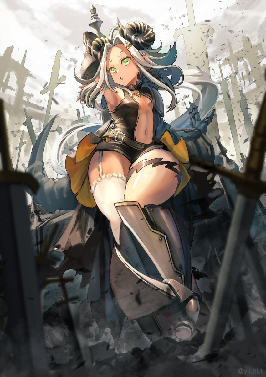 1girl :o belt boots breasts center_opening chestnut_mouth choker curled_horns fantasy garter_straps gauntlets greaves green_eyes hair_ornament high_heel_boots high_heels highres horns long_hair looking_at_viewer navel original outdoors pointy_ears ruins single_thighhigh sleeveless small_breasts solo sword thigh-highs thigh_strap weapon white_hair yu_ni_t