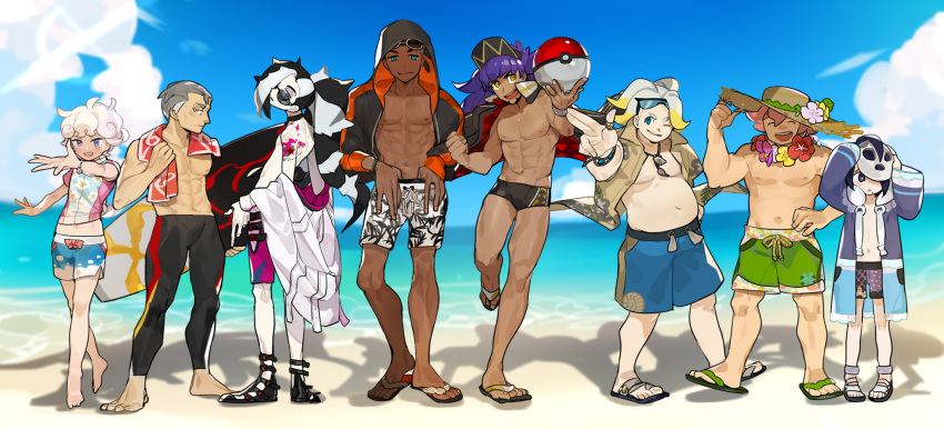 6+boys abs ball barefoot beach beachball beet_(pokemon) belly chest dande_(pokemon) dark_skin dark_skinned_male day flower flower_necklace full_body grey_hair gym_leader hat highres hood hoodie jewelry kabu_(pokemon) kibana_(pokemon) looking_at_viewer makuwa_(pokemon) male_focus male_swimwear mask mask_on_head multiple_boys muscle necklace nezu_(pokemon) onion_(pokemon) open_clothes open_hoodie outdoors pale_skin pectorals picube525528 poke_ball pokemon pokemon_(game) pokemon_swsh purple_hair sandals shirt shirtless smile standing straw_hat surfboard swim_briefs swim_trunks swimwear yarrow_(pokemon)