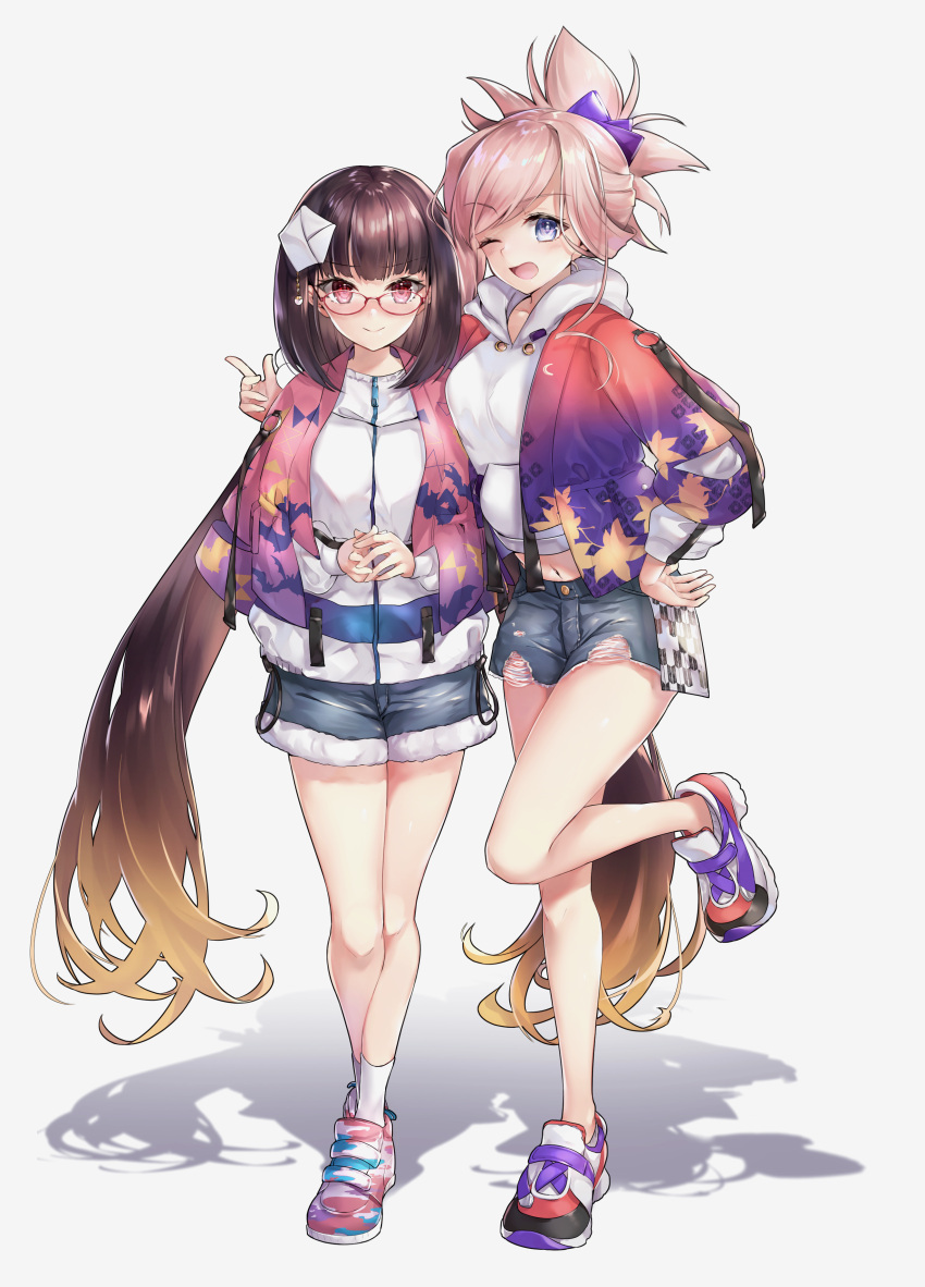 2girls absurdres bangs black_hair blue_eyes blush breasts brown_hair commentary_request denim denim_shorts eyebrows_visible_through_hair fate/grand_order fate_(series) glasses hair_ornament hairband hane_yuki highres jewelry large_breasts long_hair looking_at_viewer miyamoto_musashi_(fate/grand_order) multiple_girls one_eye_closed open_mouth osakabe-hime_(fate/grand_order) pink_hair ponytail shorts smile twintails very_long_hair violet_eyes
