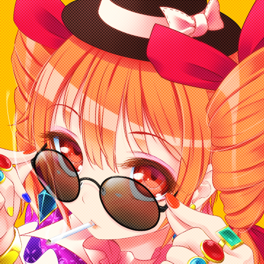 1girl black_headwear blue_nails cigarette close-up commentary_request drill_hair earrings hair_between_eyes hat highres indica jewelry lips looking_at_viewer mouth_hold nail_polish orange_background orange_hair red_eyes red_nails ring simple_background smoking solo sunglasses touhou yellow_nails yorigami_jo'on