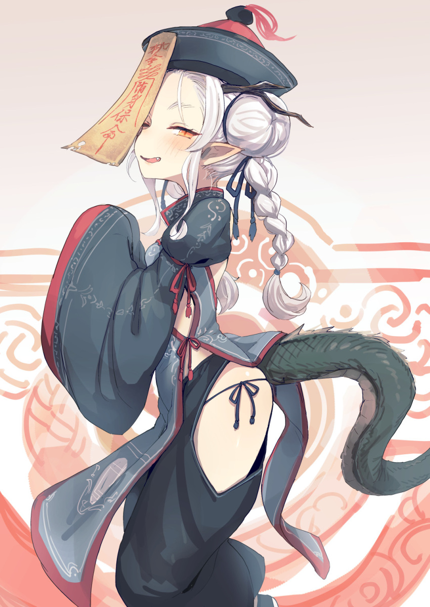 1girl bee_(deadflow) black_dress black_headwear black_pants blue_panties blush braid china_dress chinese_clothes double_bun dragon_girl dragon_horns dragon_tail dress fang from_side gradient gradient_background half-closed_eye hat highres horns jiangshi juliet_sleeves long_hair long_sleeves looking_at_viewer ofuda one_eye_closed open_mouth orange_eyes original panties pants pelvic_curtain pointy_ears puffy_sleeves qing_guanmao side-tie_panties side_cutout sleeves_past_fingers sleeves_past_wrists smile solo standing tail twin_braids underwear white_hair wide_sleeves