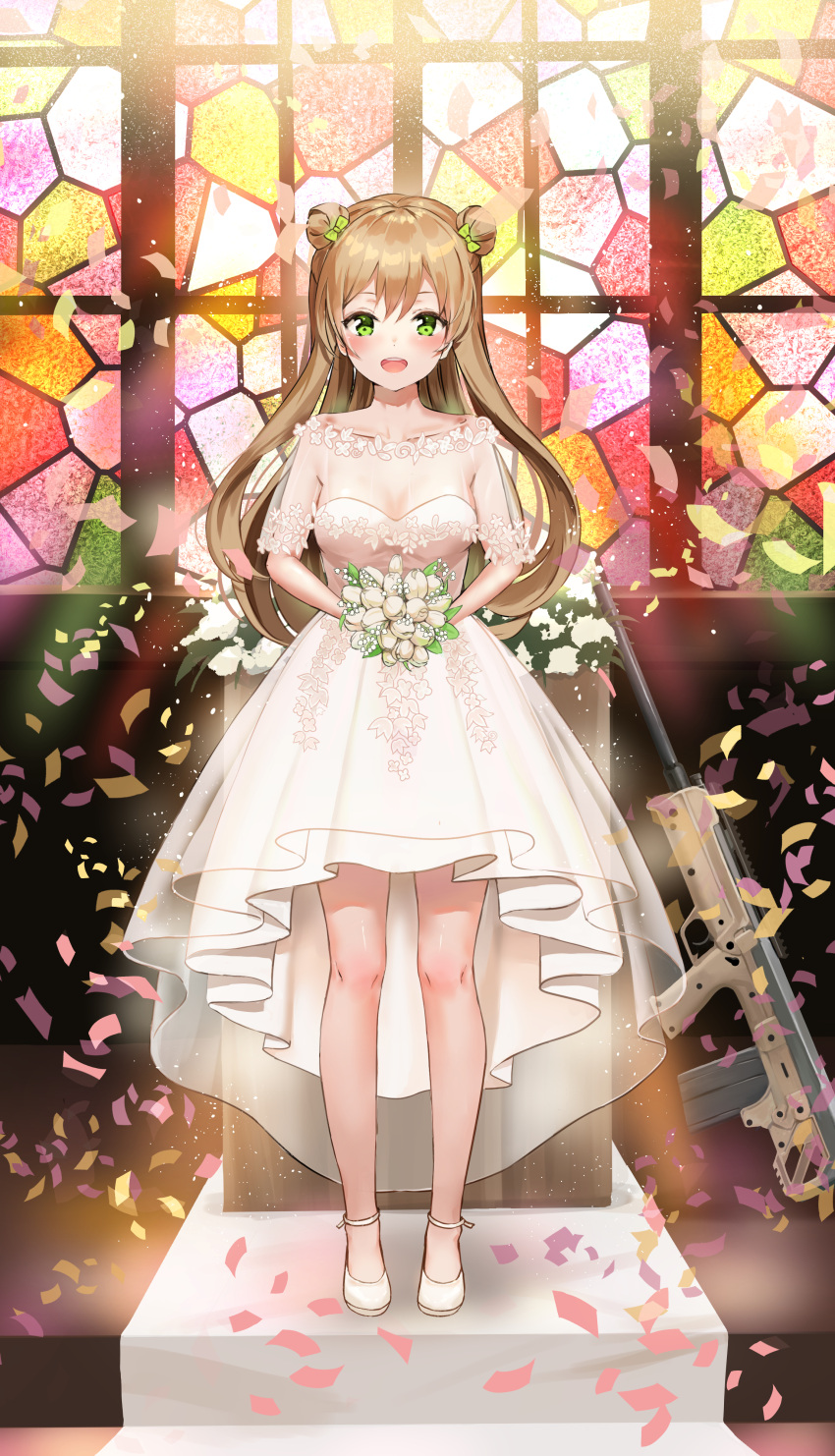1girl absurdres bangs bare_shoulders blush breasts brown_hair character_request collarbone commentary double_bun dress flower girls_frontline green_eyes gun hair_between_eyes highres holding holding_flower indoors kian large_breasts long_hair open_mouth smiel smile solo weapon wedding_dress white_dress white_footwear