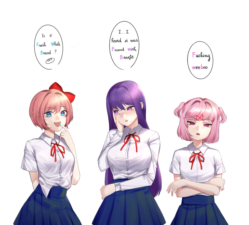 3girls :d annoyed aqua_nails bangs blue_eyes blue_skirt blush bow breasts crossed_arms cute deredere doki_doki_literature_club embarrassed english_text eyebrows_visible_through_hair fang finger_to_mouth frown hair_between_eyes hair_bow hair_ornament hairclip hand_on_own_face highres large_breasts loli long_hair long_sleeves looking_at_viewer looking_away medium_breasts multiple_girls natsuki_(doki_doki_literature_club) neck_ribbon open_mouth pink_eyes pink_hair pink_nails pleated_skirt potetos7 purple_hair purple_nails red_bow red_ribbon ribbon sayori_(doki_doki_literature_club) school_uniform shirt short_hair short_sleeves simple_background skirt small_breasts smile speech_bubble sweatdrop team_salvato tsundere two_side_up upper_body v-shaped_eyebrows violet_eyes white_background white_shirt wing_collar x_hair_ornament yuri_(doki_doki_literature_club)