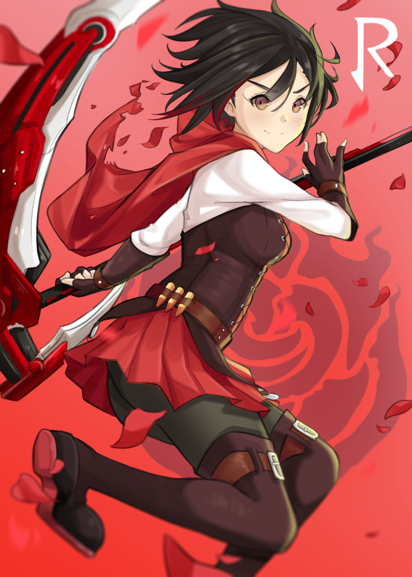 1girl absurdres bangs black_gloves black_hair black_pants boots brown_eyes brown_footwear closed_mouth fingerless_gloves floating_hair gloves haerge hair_between_eyes highres holding holding_scythe leg_lift miniskirt pants pants_under_skirt pleated_skirt red_skirt ruby_rose rwby scythe shirt short_hair skirt smile solo thigh-highs thigh_boots white_shirt