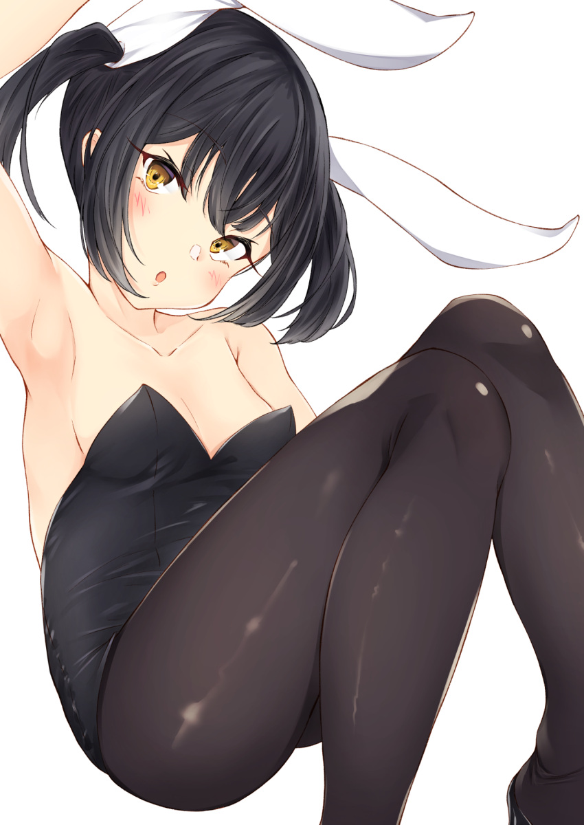 1girl bangs bare_shoulders black_hair black_legwear blush breasts brown_eyes bunny_hair_ornament bunnysuit collarbone commentary_request eyebrows_visible_through_hair fate/grand_order fate/kaleid_liner_prisma_illya fate_(series) hair_ornament highres looking_at_viewer medium_breasts miyu_edelfelt open_mouth pantyhose simple_background siroimo0828 small_breasts solo white_background