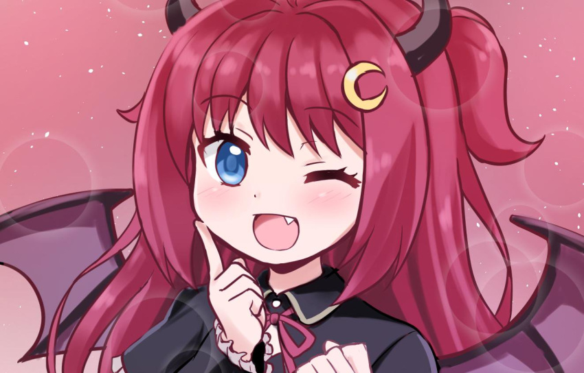 1girl ;d bangs black_capelet blue_eyes blush capelet crescent crescent_hair_ornament demon_girl demon_horns demon_wings eyebrows_visible_through_hair fang frilled_sleeves frills hair_ornament hands_up horns index_finger_raised long_hair long_sleeves neck_ribbon nichika_(nitikapo) nijisanji one_eye_closed open_mouth purple_wings red_ribbon redhead ribbon smile solo two_side_up upper_body virtual_youtuber wings yuzuki_roa