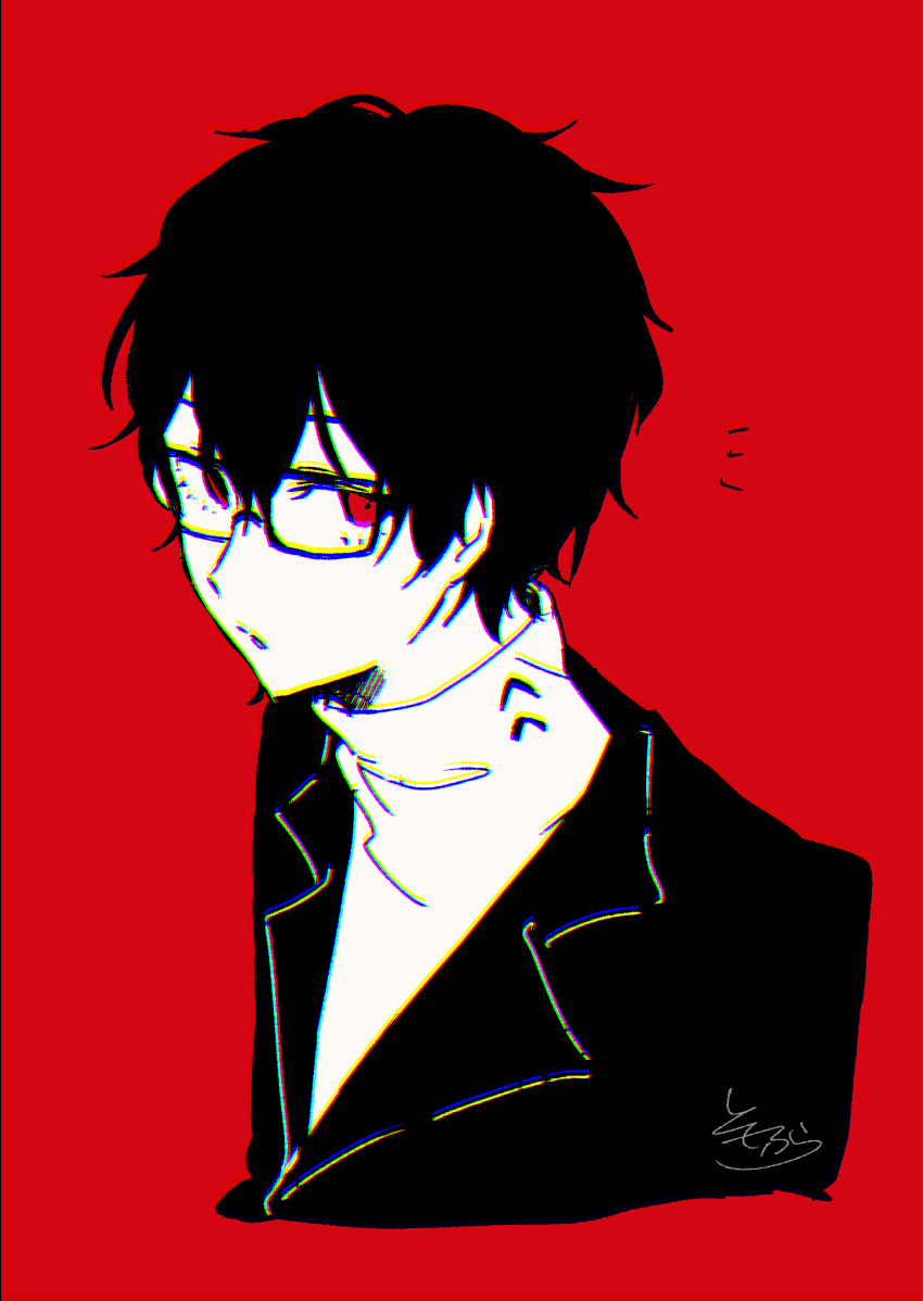 1boy amamiya_ren bangs black-framed_eyewear black_hair black_jacket blazer chromatic_aberration cropped_torso glasses hair_between_eyes highres jacket looking_at_viewer male_focus persona persona_5 red_background red_eyes shirt signature simple_background sofra solo upper_body white_shirt