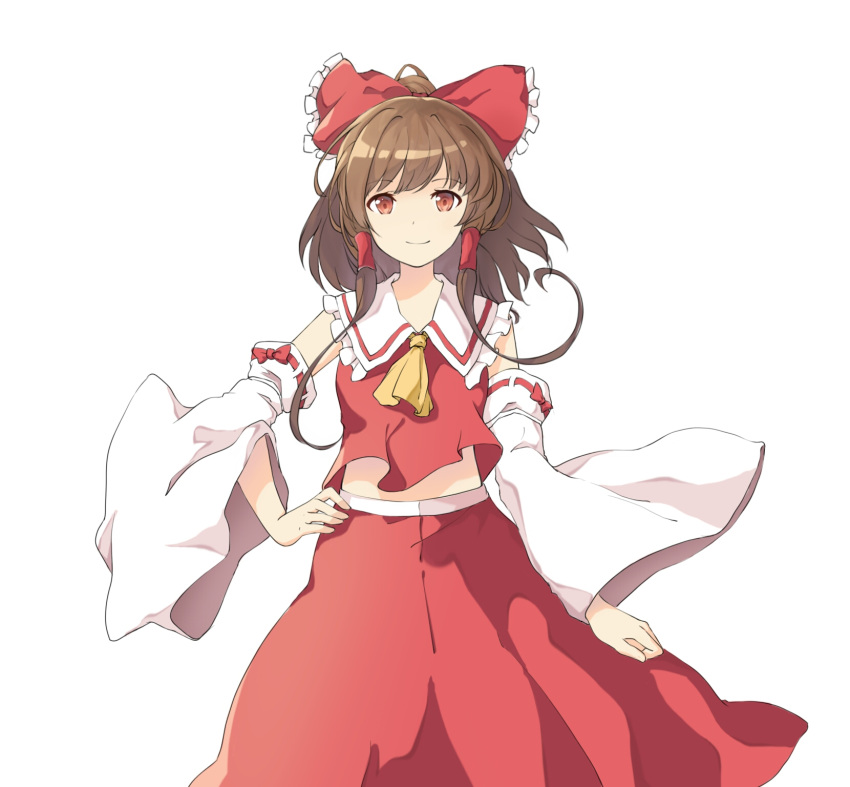 1girl ascot bangs bare_shoulders bow brown_hair commentary cowboy_shot detached_sleeves eyebrows_visible_through_hair frilled_bow frilled_shirt_collar frills hair_bow hair_tubes hakurei_reimu hand_on_hip highres long_sleeves looking_at_viewer midriff mixing_tiantang red_bow red_eyes red_skirt short_hair sidelocks simple_background skirt skirt_set smile solo standing touhou white_background wide_sleeves yellow_neckwear