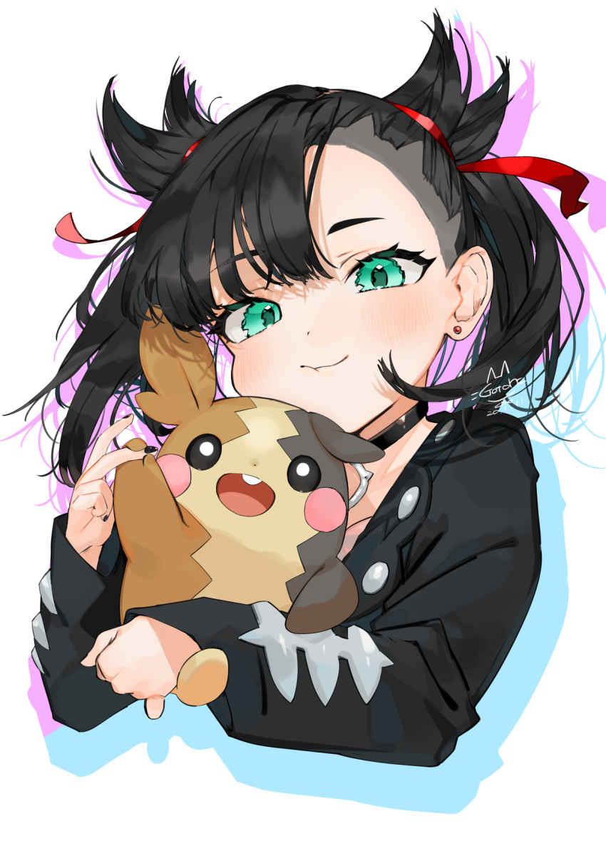 1girl :d artist_name bangs black_choker black_hair black_jacket blush choker commentary_request cropped_torso earrings gen_8_pokemon gotoh510 green_eyes hair_ribbon head_tilt highres jacket jewelry long_sleeves looking_at_viewer mary_(pokemon) morpeko open_mouth partial_commentary pointy_hair pokemon pokemon_(creature) pokemon_(game) pokemon_swsh red_ribbon ribbon short_hair signature silhouette simple_background smile stud_earrings twintails upper_body white_background
