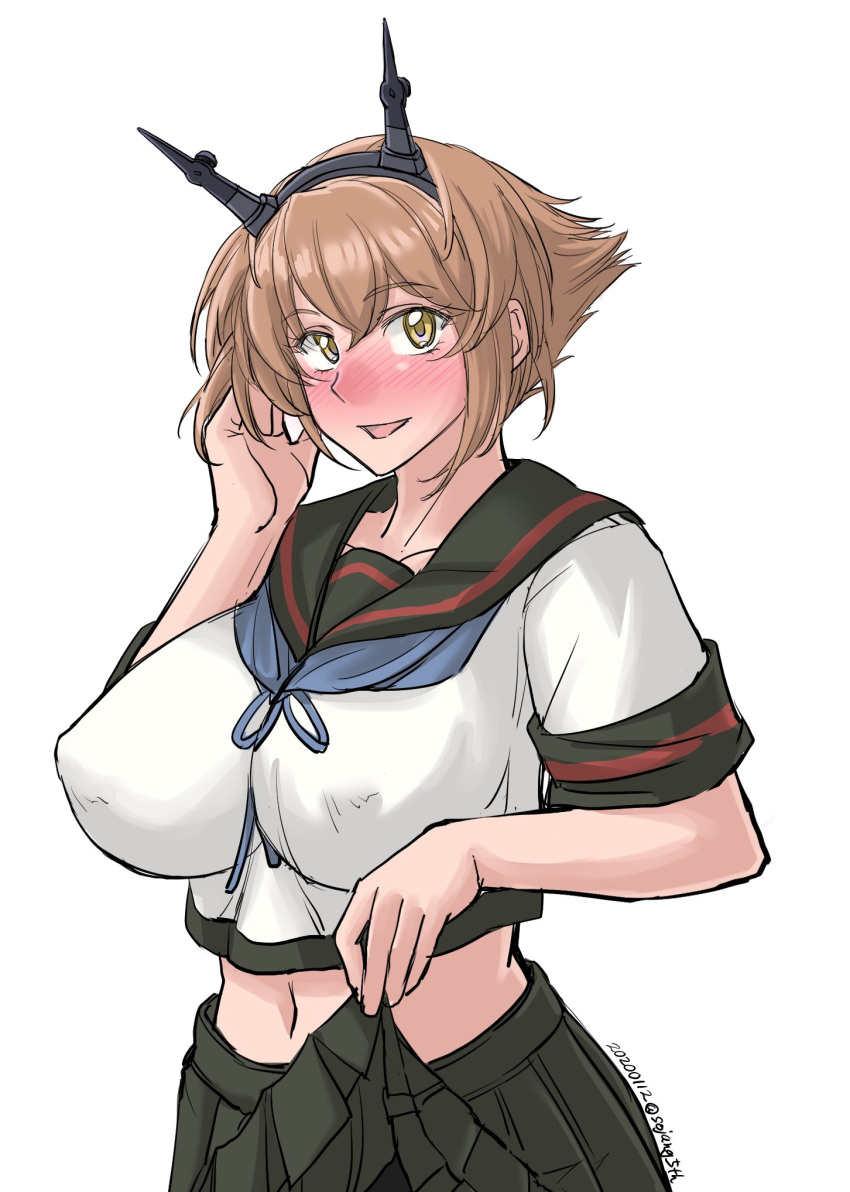 1girl black_sailor_collar black_skirt blue_neckwear blush breasts brown_hair commentary_request cosplay cowboy_shot dated fubuki_(kantai_collection) fubuki_(kantai_collection)_(cosplay) green_eyes hairband headgear highres kantai_collection large_breasts looking_at_viewer mutsu_(kantai_collection) neckerchief nose_blush pleated_skirt radio_antenna remodel_(kantai_collection) sailor_collar short_hair simple_background skirt skirt_lift smile solo sozan twitter_username white_background