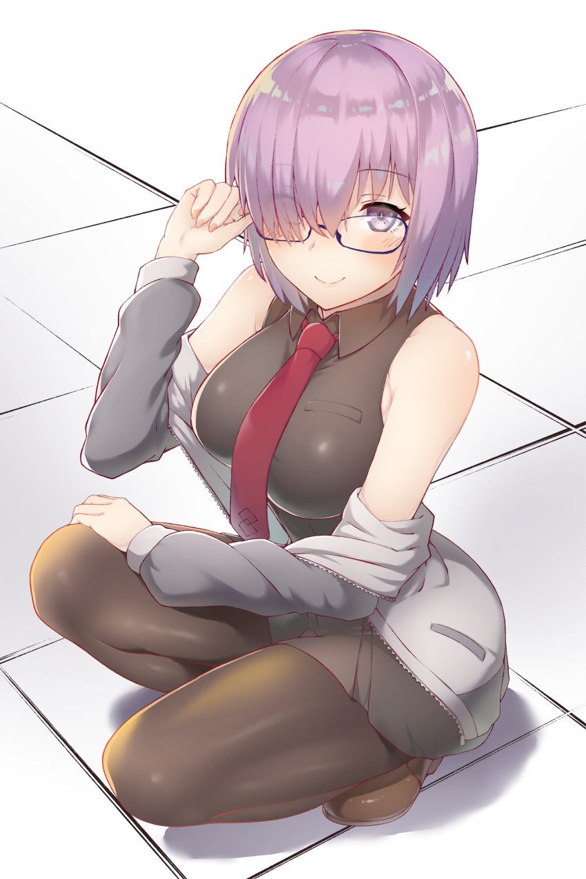 1girl absurdres black-framed_eyewear black_legwear black_shirt black_skirt breasts collared_shirt commentary_request eyebrows_visible_through_hair eyes_visible_through_hair fate/grand_order fate_(series) full_body glasses hair_over_one_eye highres jacket_pull large_breasts looking_at_viewer mash_kyrielight miniskirt pantyhose purple_hair shirt short_hair skirt sleeveless sleeveless_shirt smile solo tile_floor tiles urigarasu violet_eyes