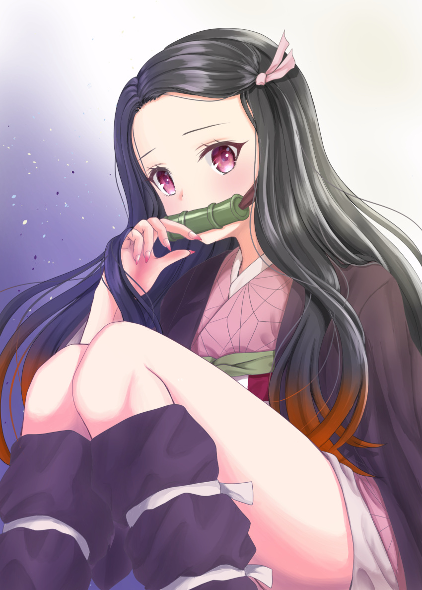 1girl arm_up asa_no_ha_(pattern) bamboo bit_gag black_hair blue_background commentary_request feet_out_of_frame fingernails forehead gag gradient gradient_background gradient_hair grey_background hair_ribbon haori highres jacket japanese_clothes kamado_nezuko kimetsu_no_yaiba kimono knees_up leg_warmers light_particles long_hair looking_at_viewer multicolored_hair obi open_clothes open_jacket pink_kimono purple_jacket redhead ribbon sash sharp_fingernails sitting solo very_long_hair violet_eyes yamamoto_tomoha