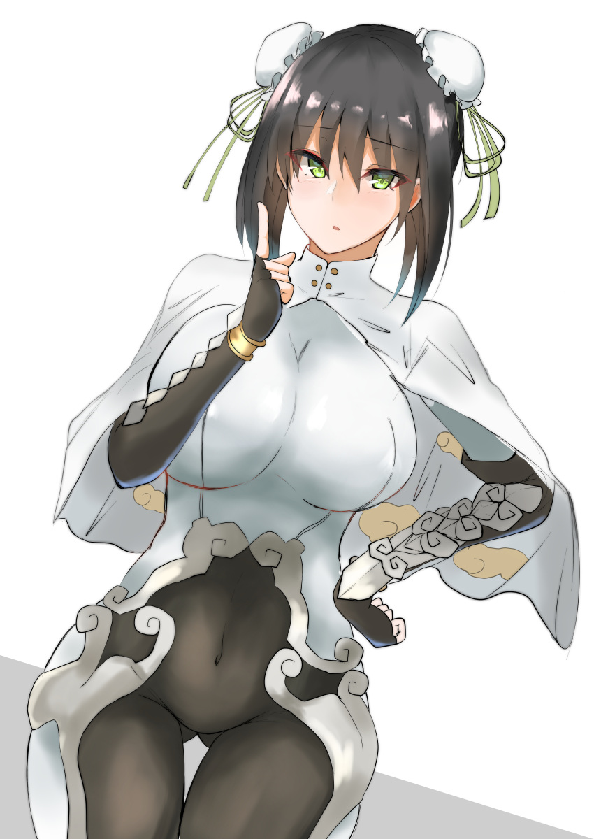 1girl absurdres black_hair bodysuit breasts bun_cover capelet covered_navel double_bun fate/grand_order fate_(series) fingerless_gloves gloves green_eyes highres index_finger_raised large_breasts negi_(sakuyaizayoi1029) qin_liangyu_(fate) thigh_gap white_background