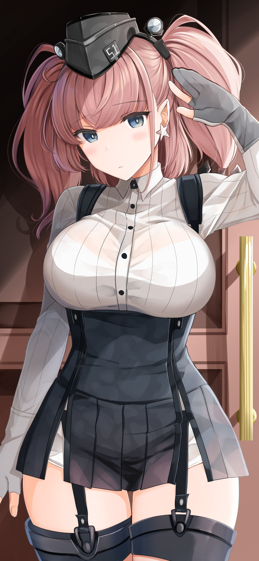 1girl absurdres atlanta_(kantai_collection) bangs blush bra breasts brown_hair camouflage closed_mouth earrings eyebrows_visible_through_hair garrison_cap garter_straps gloves hat headgear high-waist_skirt highres jewelry kantai_collection large_breasts long_sleeves partly_fingerless_gloves salute see-through shadow single_earring skirt solo star star_earrings twintails underwear white_bra yunamaro