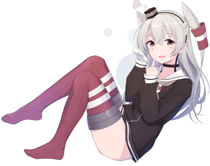 1girl :d amatsukaze_(kantai_collection) brown_dress brown_eyes dress eyebrows_visible_through_hair from_side full_body hair_between_eyes hair_tubes ieufg kantai_collection lifebuoy long_hair looking_at_viewer open_mouth red_legwear sailor_dress short_dress silver_hair simple_background sitting smile smokestack_hair_ornament solo striped striped_legwear thigh-highs two_side_up white_background