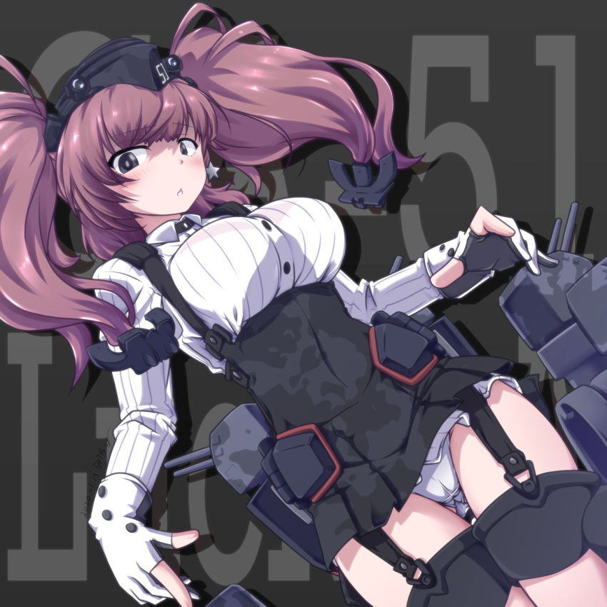 1girl 547th_sy anchor_hair_ornament artist_name atlanta_(kantai_collection) background_text bangs black_background black_skirt blush breasts buttons camouflage dated earrings eyebrows_visible_through_hair garrison_cap garter_straps gloves hair_ornament hat headgear high-waist_skirt highres jewelry kantai_collection large_breasts long_sleeves machinery open_mouth panties partly_fingerless_gloves rigging shirt single_earring skirt solo star star_earrings twintails underwear white_panties