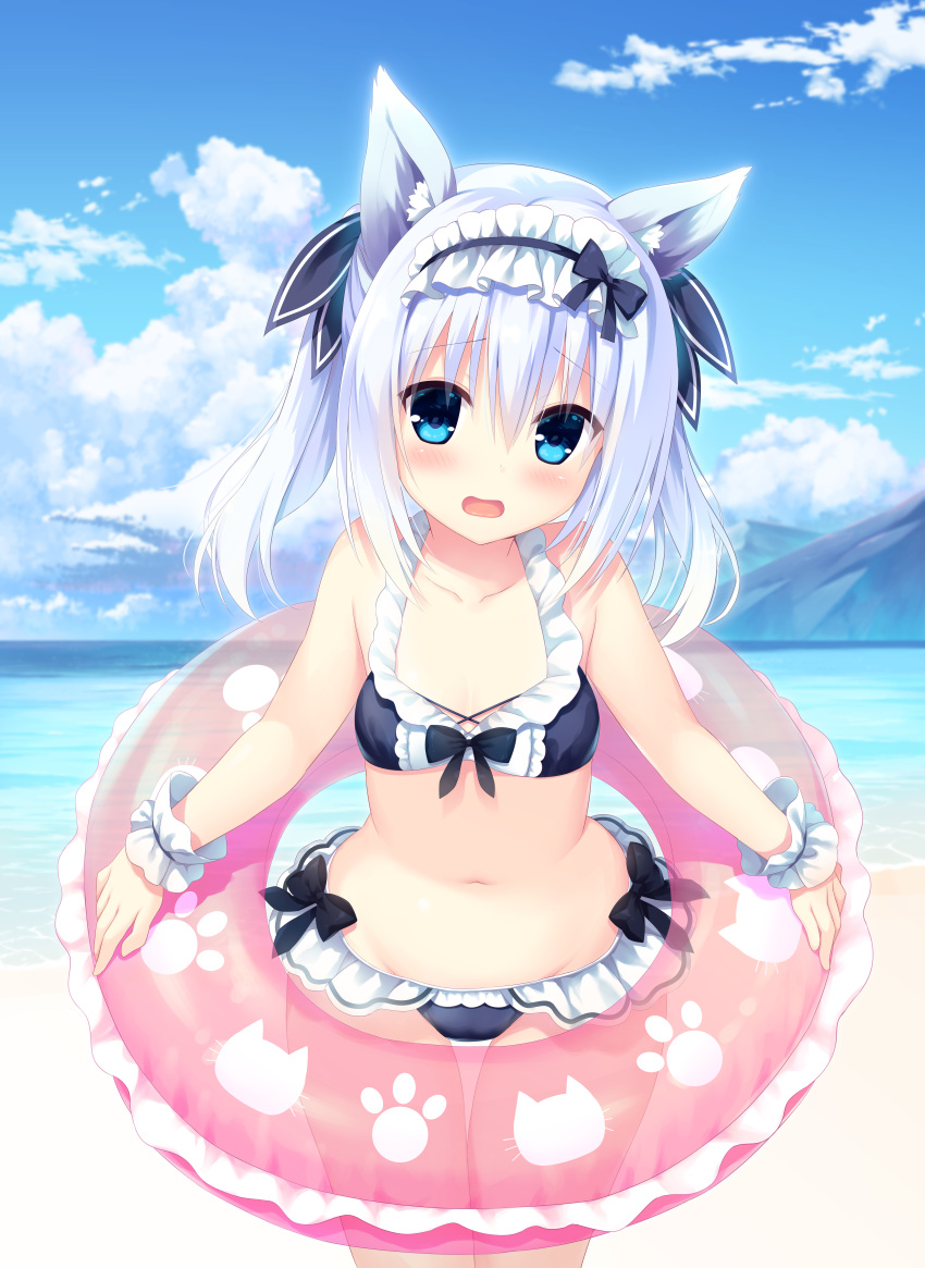 1girl absurdres animal_ears bangs bare_arms bare_shoulders beach bikini black_bikini black_bow blue_eyes blue_sky blush bow bow_bikini breasts character_request clouds collarbone cowboy_shot dare_ga_yonda_no!? day embarrassed eyebrows_visible_through_hair frilled_bikini frills groin hair_between_eyes hairband halter_top halterneck highres holding holding_innertube huge_filesize incredibly_absurdres innertube leaning_forward long_hair maid_headdress mountain navel ocean official_art open_mouth outdoors sidelocks sky small_breasts solo stomach swimsuit twintails utsunomiya_tsumire white_hair wrist_cuffs