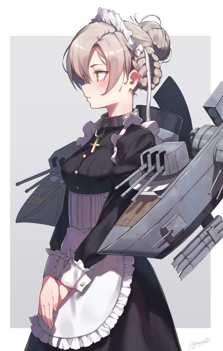 1girl absurdres apron azur_lane black_dress border braid breasts chain closed_mouth commentary_request cowboy_shot cross dress expressionless frilled_apron frills from_side grey_background hair_bun highres juliet_sleeves long_sleeves machinery maid maid_headdress outside_border own_hands_together profile puffy_sleeves sheffield_(azur_lane) short_hair silver_hair simple_background small_breasts solo turret white_apron white_border yellow_eyes yossui