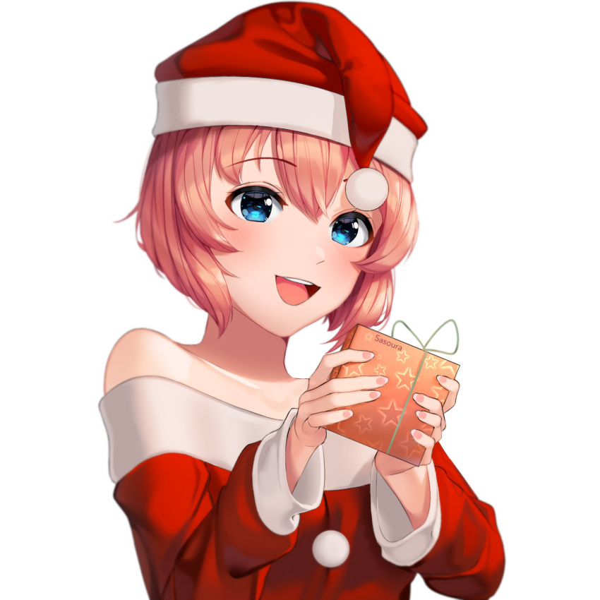 1girl :d artist_name bangs bare_shoulders blue_eyes box christmas commentary doki_doki_literature_club english_commentary eyebrows_visible_through_hair gift gift_box hair_between_eyes hat highres incoming_gift long_sleeves looking_at_viewer off_shoulder open_mouth pink_hair pom_pom_(clothes) santa_costume santa_hat sasoura sayori_(doki_doki_literature_club) short_hair simple_background smile solo star star_print upper_body white_background