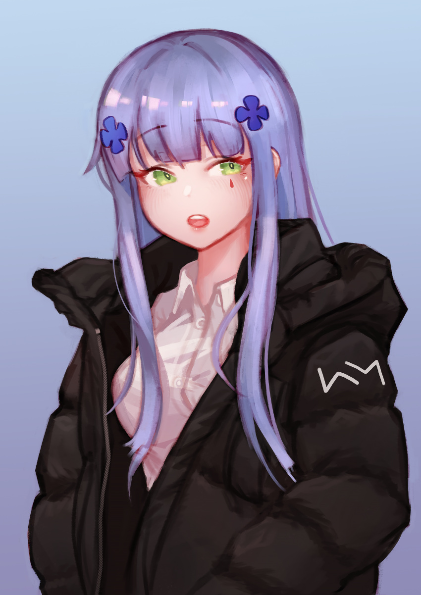 1girl absurdres blue_background blush breasts coat eonsang facial_mark girls_frontline green_eyes hair_ornament highres hk416_(girls_frontline) huge_filesize long_hair open_mouth purple_hair simple_background solo teeth winter_clothes winter_coat