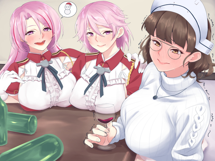 3girls armpit_cutout blush bottle breasts brown_hair cup drinking drinking_glass drunk earrings giuseppe_garibaldi_(kantai_collection) glasses gloves headdress jacket jewelry kantai_collection large_breasts long_hair looking_at_viewer luigi_di_savoia_duca_degli_abruzzi_(kantai_collection) multiple_girls open_mouth pink_hair red_jacket ribbed_sweater roma_(kantai_collection) shingyo short_hair smile snowman stud_earrings sweater table trembling violet_eyes white_gloves white_sweater wine_bottle wine_glass