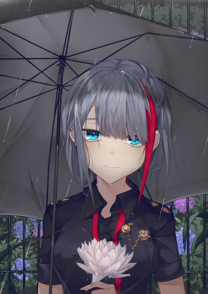 1girl absurdres admiral_graf_spee_(azur_lane) admiral_graf_spee_(daily_peaceful_life)_(azur_lane) azur_lane bangs black_shirt breasts closed_mouth collared_shirt commentary flower grey_hair hair_over_eyes head_tilt highres holding holding_flower holding_umbrella looking_at_viewer lotus medium_breasts multicolored_hair necktie outdoors page'as rain red_neckwear redhead shirt short_hair short_sleeves sidelocks smile solo streaked_hair umbrella untied water water_drop white_flower