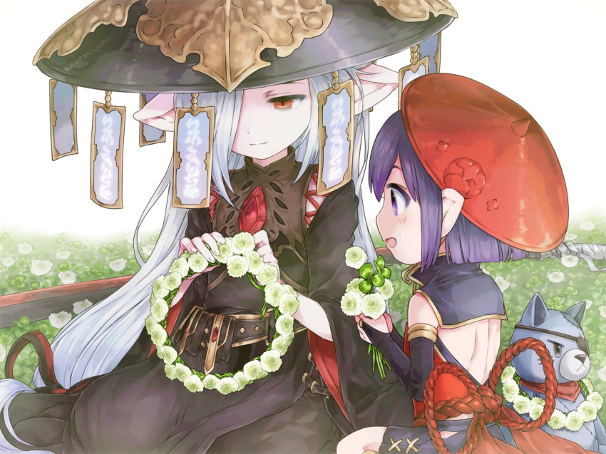 2girls :d akane_(akane_imas) bandages bangs black_dress black_headwear blush bridal_gauntlets closed_mouth commentary_request copyright_request dress eyepatch flower flower_wreath hair_over_one_eye hair_ribbon hat holding holding_flower long_hair long_sleeves low-tied_long_hair multiple_girls open_mouth pointy_ears profile purple_hair red_headwear ribbon short_hair silver_hair smile stuffed_animal stuffed_cat stuffed_toy very_long_hair violet_eyes white_background wide_sleeves