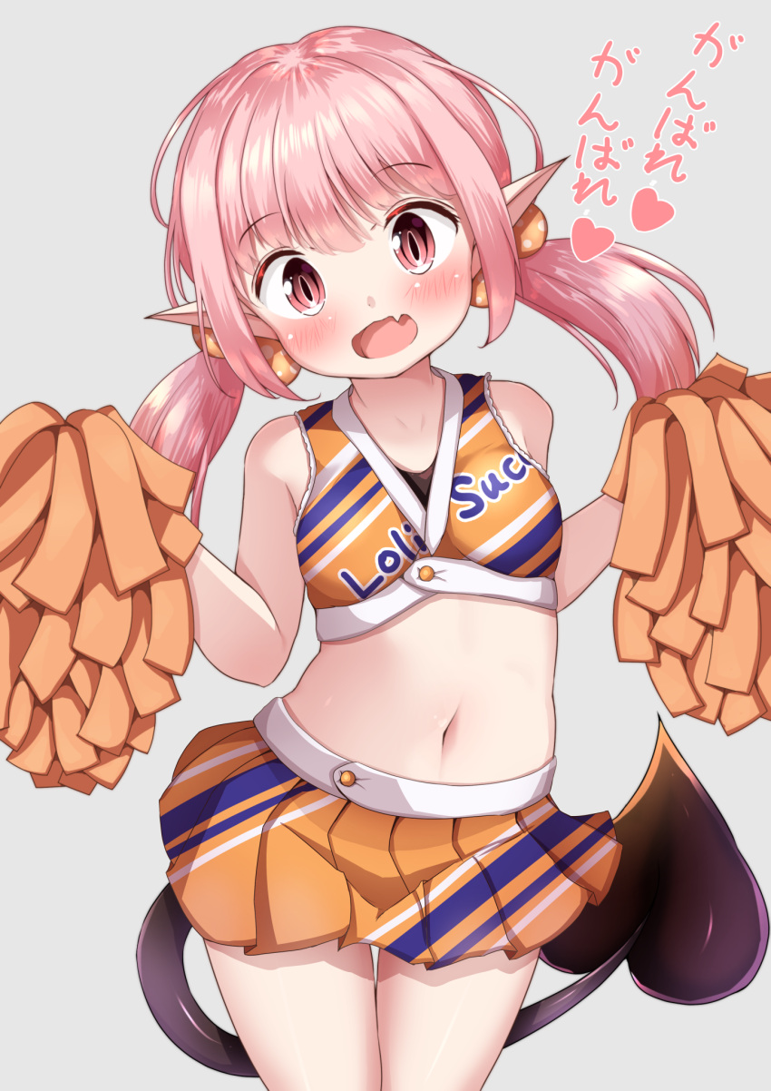 1girl :d bangs bare_shoulders blush bow breasts cheerleader clothes_writing commentary_request crop_top demon_girl demon_tail eyebrows_visible_through_hair fang grey_background hair_between_eyes hair_bow head_tilt heart highres holding long_hair looking_at_viewer midriff mochiyuki navel open_mouth orange_bow orange_shirt orange_skirt original pink_hair pleated_skirt pointy_ears polka_dot polka_dot_bow pom_poms red_eyes shirt simple_background skirt sleeveless sleeveless_shirt small_breasts smile solo stomach succubus tail thigh_gap translation_request twintails