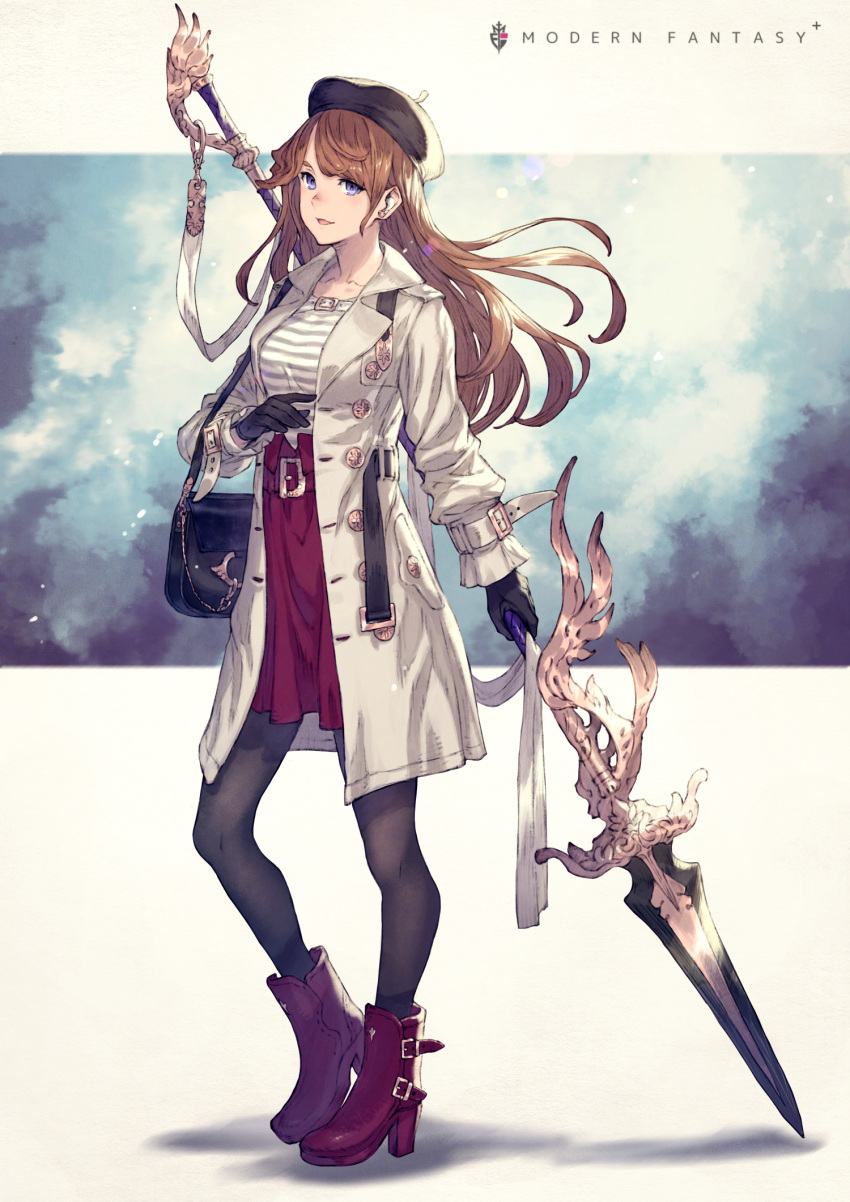 1girl :d bag bangs belt_buckle beret black_gloves black_headwear black_legwear blue_eyes boots breasts brown_hair buckle casual coat collarbone commentary_request english_text full_body gloves grey_coat hat high_heel_boots high_heels highres holding holding_spear holding_weapon knee_boots kusano_shinta long_sleeves medium_breasts medium_skirt open_clothes open_coat open_mouth original pantyhose polearm purple_footwear purple_skirt shirt shoulder_bag skirt smile spear standing striped striped_shirt unbuttoned weapon