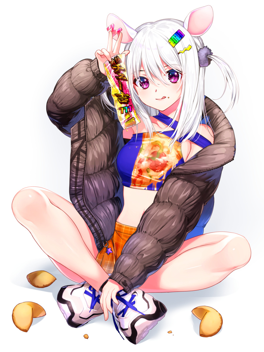 1girl 2020 :q animal_ears asymmetrical_clothes bangs bare_shoulders black_coat blush closed_mouth coat collarbone commentary_request crop_top food food_on_face fortune_cookie_(food) full_body hair_between_eyes hair_ornament hairclip highres holding long_hair long_sleeves looking_at_viewer mouse_ears navel open_clothes open_coat orange_shorts original pikachu plaid plaid_shorts pokemon shoes shorts silver_hair simple_background sitting smile sneakers spread_legs tongue tongue_out two_side_up ukamaru violet_eyes white_background white_footwear winter_clothes winter_coat