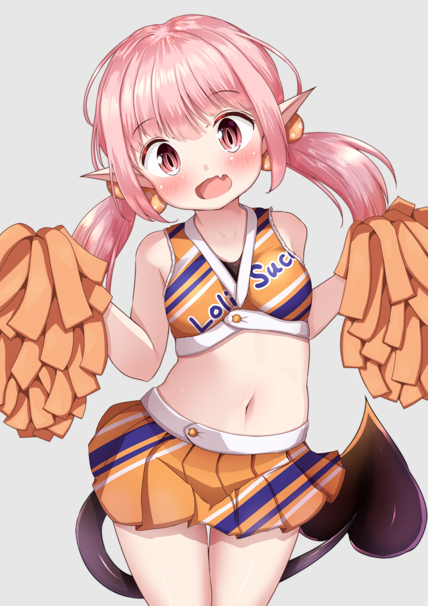 1girl :d bangs bare_shoulders blush bow breasts cheerleader clothes_writing crop_top demon_girl demon_tail eyebrows_visible_through_hair fang grey_background hair_between_eyes hair_bow head_tilt highres holding long_hair looking_at_viewer midriff mochiyuki navel open_mouth orange_bow orange_shirt orange_skirt original pink_hair pointy_ears polka_dot polka_dot_bow pom_poms red_eyes shirt simple_background skirt sleeveless sleeveless_shirt small_breasts smile solo stomach succubus tail thigh_gap twintails