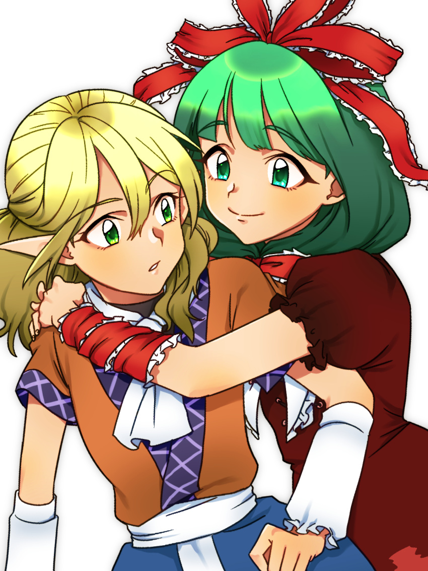 2girls arm_ribbon arm_warmers bangs blonde_hair commentary_request dress eyebrows_visible_through_hair front_ponytail green_eyes green_hair hair_ribbon highres hug kagiyama_hina mito_(mo96g) mizuhashi_parsee multiple_girls parted_lips pointy_ears red_dress ribbon short_sleeves simple_background smile touhou white_background white_neckwear